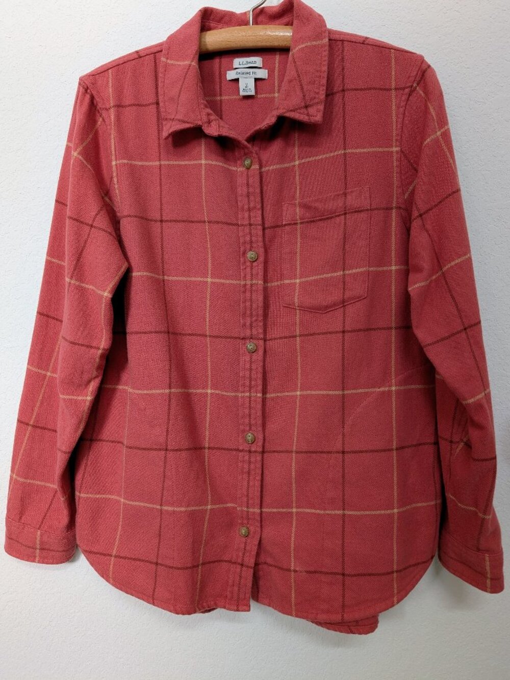 L.L. Bean Flannel Shirt M Relaxed Fit Sienna Brick Plaid Pockets